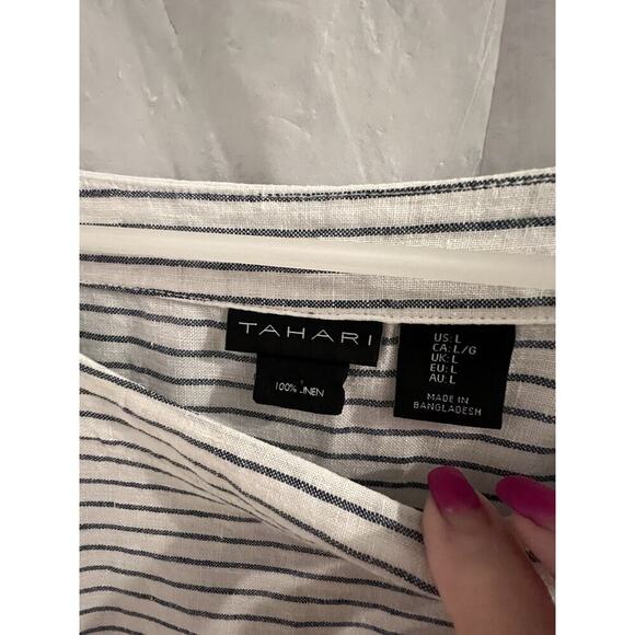 Tahari White Blue Linen Striped Tunic Sz L Boat Neck Drop Waist Peplum - Picture 4 of 6